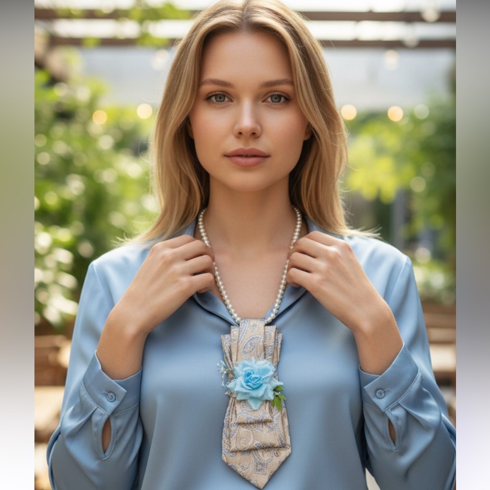 “Dainty Dapper”gray necktie necklace with Blue Floral design and flower.